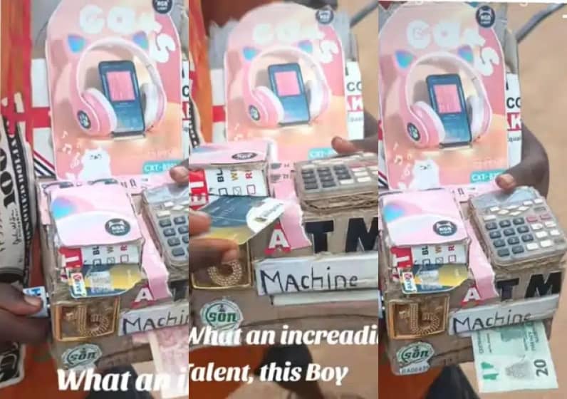  “Pure talent” – Little boy stuns many as he constructs an ATM machine, withdraws ₦10, ₦20 naira with ATM card