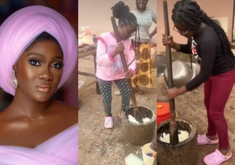 Mercy Johnson receives accolades as she teaches her daughters how to pound yam