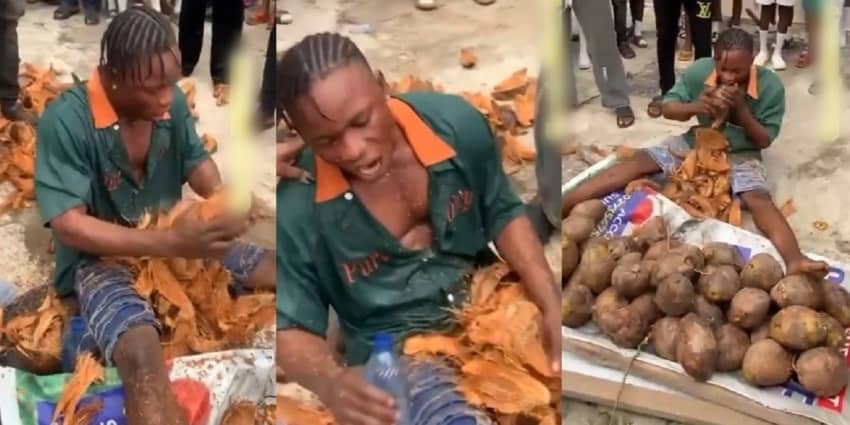  Nigerian man aims to set a Guinness World Record by peeling 50 coconuts with his teeth (video)