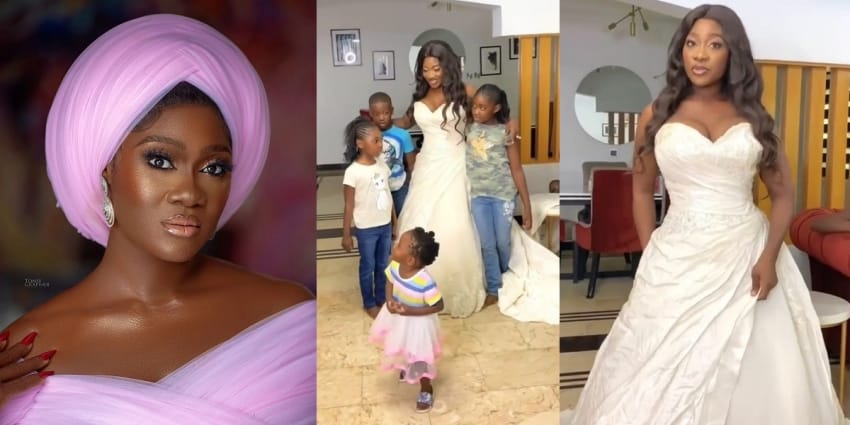  “It still fits” – Mercy Johnson shocked as she tries on her wedding dress 12 years after marriage (video)