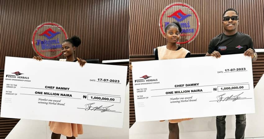  Chef Dammy excited as she receives N1 million from businessman, Fekomi (Photos)