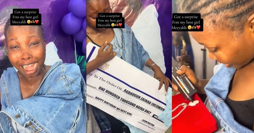  “Where una dey see friends wey dey spoil una” – Netizens react to viral video of lady surprising her best friend with 100k, money bouquet and other gift item (VIDEO)